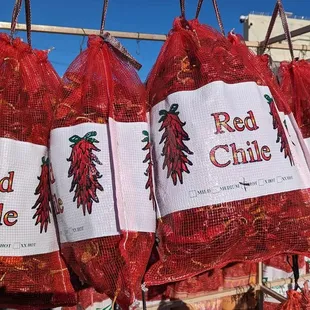 sacks of sundried Hatch red chile pods at Farmers Chile Market in Albuquerque