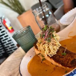 Fish of the Day (crispy skinned salmon with a curry sauce).