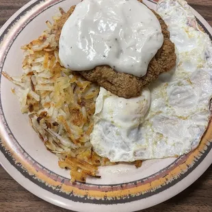 Chicken fried steak and eggs