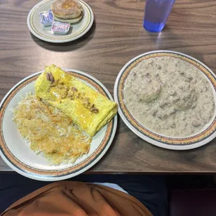 Omelette and biscuits and gravy.