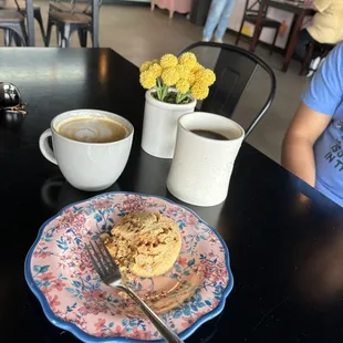 Cheesecake latte, drip coffee, and scone!