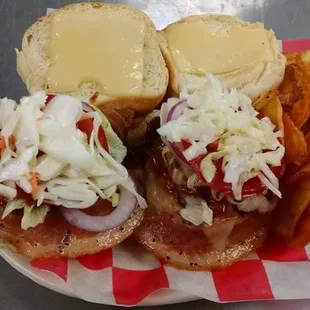 Bacon Wrapped Stuffed Slider. Comes w/ lettuce, tomato, onions, coleslaw, Swiss cheese, Sweet Baby Rays BBQ sauce and a side of house chips