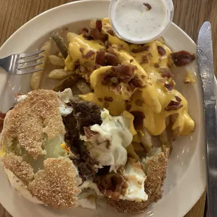 Fried green tomatoes instead of a hamburger bun. Delicious!  Cheesy bacon fries (half order).