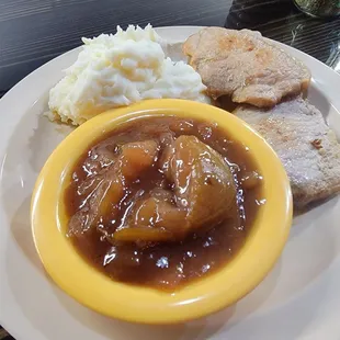 Porkchops ,Baked Apples, Mashed Potatoes
