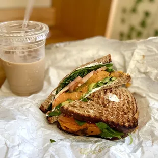 Sweet Potato Sandwich, Iced Latte