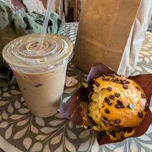 Iced vanilla latte and chocolate chip muffin