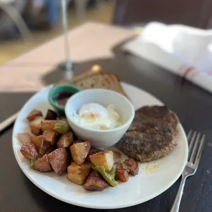 Farmers Union Breakfast with poached eggs no turkey sausage.