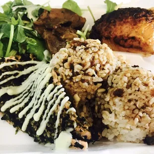 Salmon furikaki &amp; Garlic Roasted Chicken w/salad and brown rice from G-Town Catering