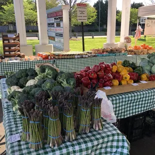 Organic asparagus broccoli and Cauliflower, sweet bell peppers and cabbage. Prepared jams and jellies along with small batch goats milk soap
