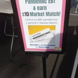 EBT accepted. $10 match for fruits and veg only (no dairy, nuts, oils, wine)