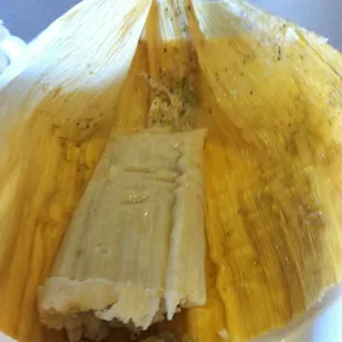 Chicken green chile Tamale!! Really good!!