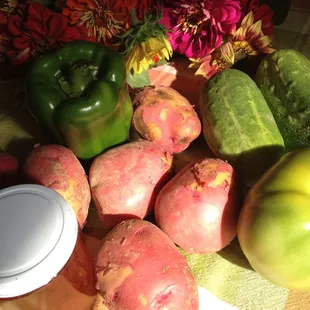 Green tomatoes, cucumbers, green pepper, potatoes, jalapeño strawberry jelly, and flowers.  My picks for today.