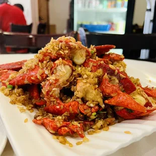 a plate of crab and rice