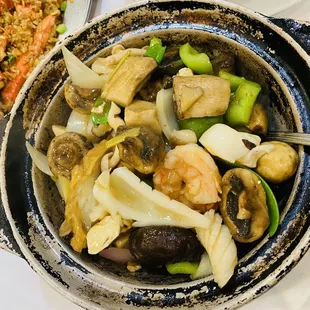 a bowl of seafood and vegetables