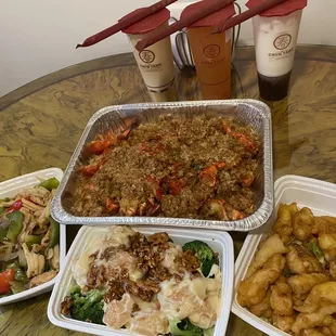 Take out : 2 Lobsters sticky rice with extra stick rice, walnut shrimp, salt pepper squid