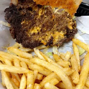 Hand made Classic burger and fries.