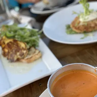 Crab Cakes are amazing with grilled artichokes and Tomato basil soup.