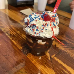 Hot fudge brownie sundae with sprinkles