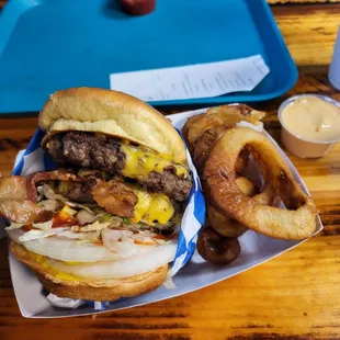 Double Farmhouse bacon cheese burger made their way with all the fixings