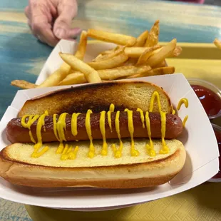 Hotdog with french fries light mustard