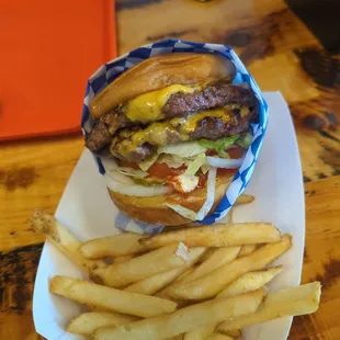 Farmers Double Cheeseburger with fries