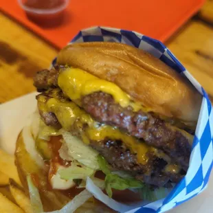 Farmers Double Cheeseburger with fries