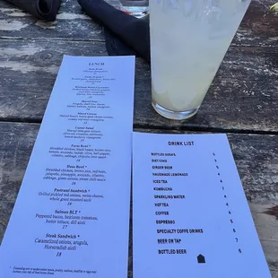 Menu and lemonade