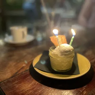 Special anniversary treat! Pudding with rosemary shortbread cookie. (The cookie was amazing!!)