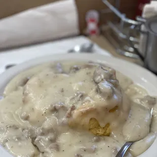 Biscuits &amp; Gravy w big chunks of sausage in the gravy
