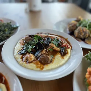 plates of food on a wooden table