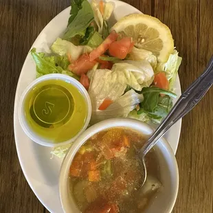 My salad and soup. Soup- half way raw veggies in water with artificial seasoning.