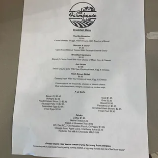 Breakfast menu
