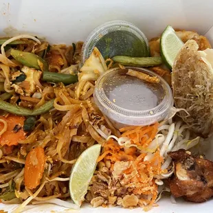 Tofu Pad Thai with Chicken Wings, Fried Egg Roll &amp; Crispy Calamari.
