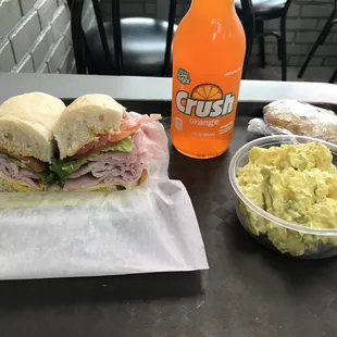 The Farmington Sub, Potato Salad, Orange Crush, and a Homemade Chocolate Chip Cookie.  All for under $10.