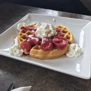 waffles strawberries whip cream