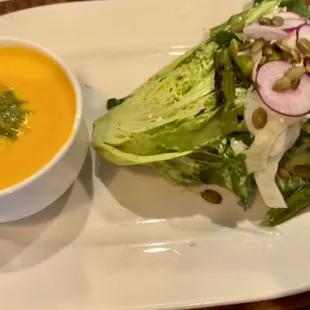 Cup Of Cream of Carrot Soup, Little Gem Salad And A Popover