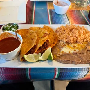 Gloria's QuesoBirria Tacos (with rice and beans)