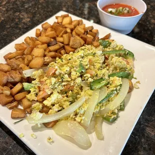 45. Huevos Revueltos substituted potatoes for rice and beans.