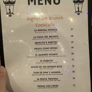 Signature cocktails menu