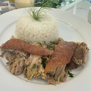 Pernil (roasted pork) lunch with white rice