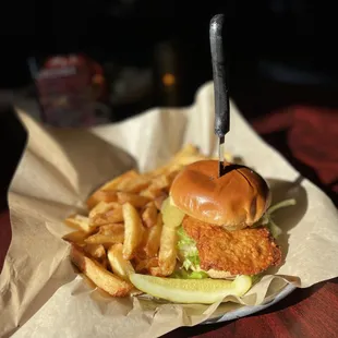 Fried chicken sandwich with hand cut french fries