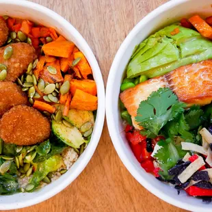 Vegan Bowl (left) with vegan nuggets and Baja Bowl (right) with salmon