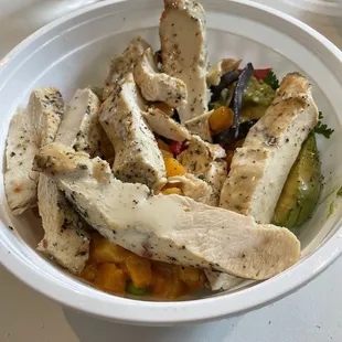 Baja bowl without salmon, add chicken.  Lemon dressing.