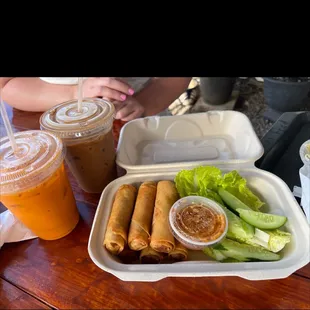 a tray of food and drinks