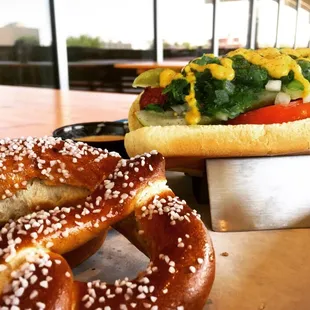 Our Chicago Dog and pretzels with the smoked Gouda cheese on the side!