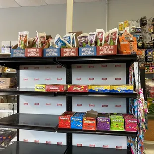 a shelf of snacks