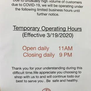 Temporary opening hours