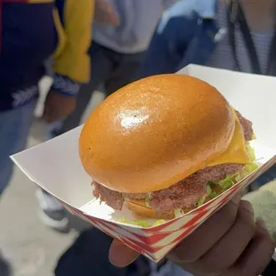 This is a photo of one of the burgers. This is a plain smash burger with American cheese, secret sauce, onions, pickles.