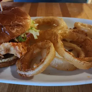 Buffalo chicken and onion rings