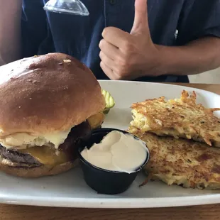 Burger with tasty potato pancakes